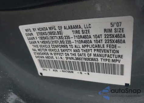 2007 Honda Odyssey Touring z USA, uszkodzony, nr VIN 5FNRL38827B083663